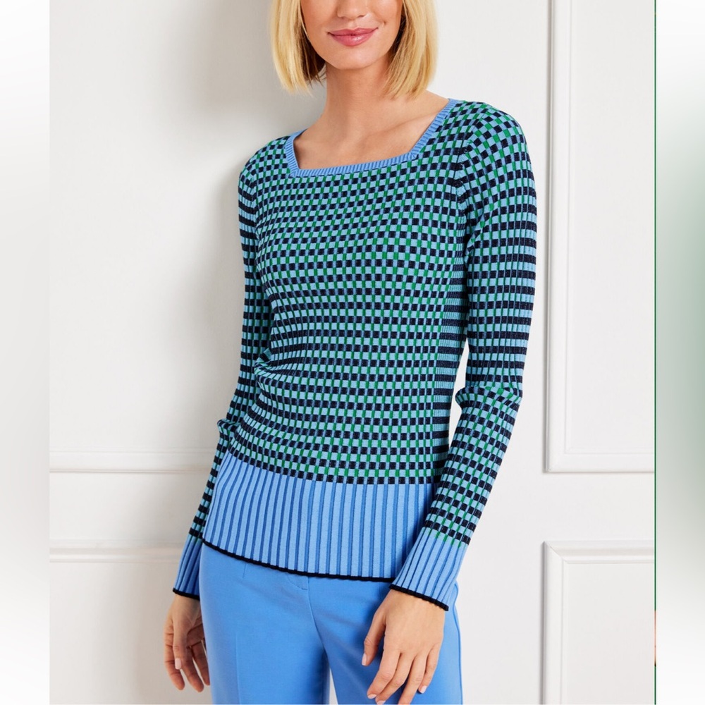 Talbots size small RIBBED SQUARE NECK SWEATER - PLAITED STRIPE